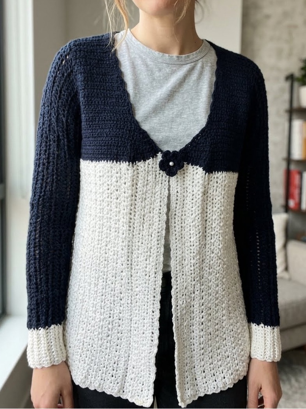 Handmade Crochet Open Cardigan with Removable Brooch in Navy and White